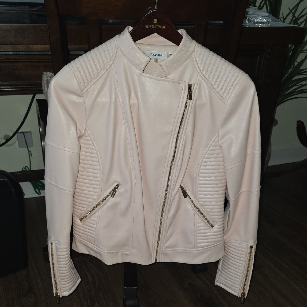 Calvin Klein Pink Leather Jacket Asymmetrical Design